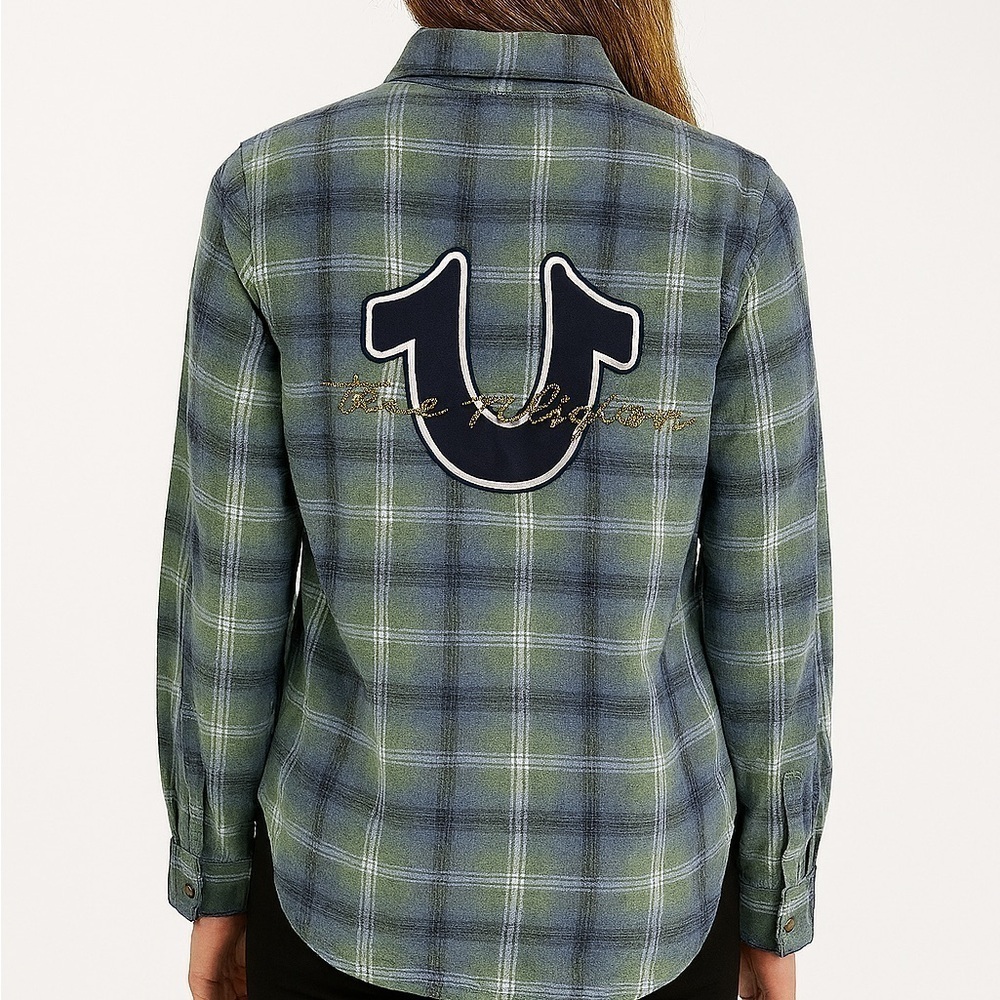 TRUE RELIGION HS Brushed Flannel Womens Button Up Long Sleeve Iris Green Blue XS - Picture 2 of 9
